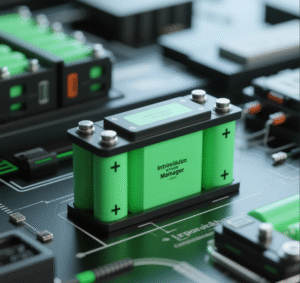 Mô hình pin lithium dạng module màu xanh với hệ thống quản lý BMS trên nền mạch điện tử